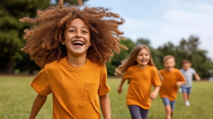 A joyful group of children playing tag in a grassy field on a sunny day, with laughter and movement creating a vibrant and carefree atmosphere