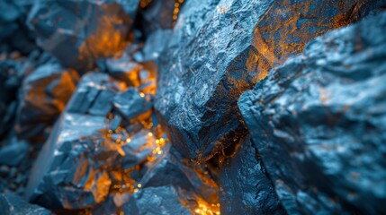 Aufkleber - Rugged rocks with a shiny surface reflect soft orange light, creating a captivating contrast against the dark hues of the surrounding stones, evoking a sense of tranquility.