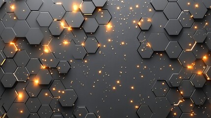 Leinwandbilder - Abstract black hexagon pattern background with glowing golden sparkles for digital use