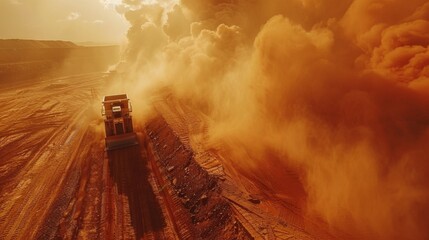 Poster - A large dump truck navigates through a dusty open pit mining site as clouds of dust swirl in the warm sunset light, creating an atmospheric scene of industrial activity.