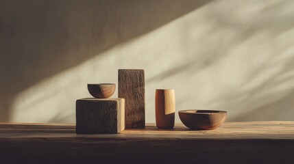 Wall Mural - Minimalist arrangement of ceramic cups on wooden blocks