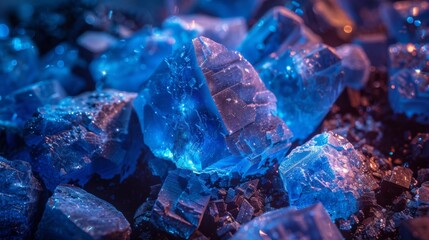 Poster - Unique blue crystals glimmering softly, showcasing exquisite formations and reflecting light beautifully. The rich texture and vibrant colors invite exploration and admiration of nature's artistry.