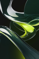 Aufkleber - Abstract design with smooth flowing green and yellow curves against a dark background, symbolizing energy, fluidity, and modern aesthetics. Digital 3D fluid shape