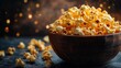 © olegganko - Popcorn in a wooden bowl with a blurred background of sparkling lights during a cozy evening