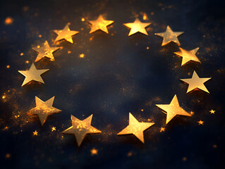 Poster - Golden Star Circle: A mesmerizing arrangement of twelve golden stars forming a circle against a dark, glittering backdrop.  The stars shimmer with a celestial glow.
