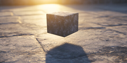 Poster - Floating Cube: A solitary concrete cube levitates above a weathered cobblestone path, bathed in warm sunlight, casting a long shadow on the stone.  The cube's rough.