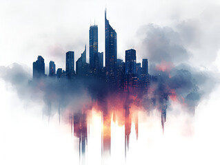 Poster - City in the Clouds:  A mesmerizing abstract cityscape suspended above a bed of ethereal clouds, with hints of a fiery sunrise peeking through, evokes a sense of wonder and possibility.  