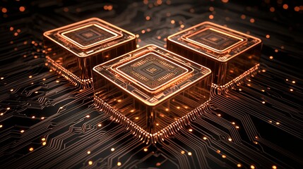 Poster - Three glowing orange processor chips on a dark circuit board, detailed circuit patterns and light effects.