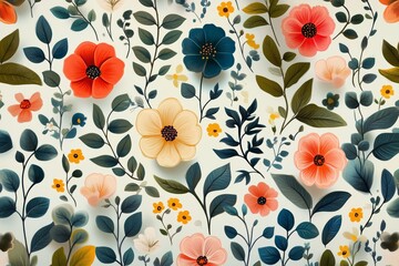 Wall Mural - Vibrant floral pattern featuring colorful flowers and leaves on a light background