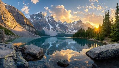 Poster - Serene Mountain Landscape with Reflective Lake at Sunset Surrounded by Lush Green Forests and Majestic Rocky Peaks in a Tranquil Natural Setting