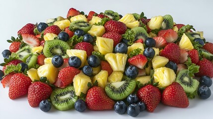 Wall Mural - A vibrant fruit salad with a mix of strawberries, blueberries, kiwi, and pineapple, displayed on a white backdrop