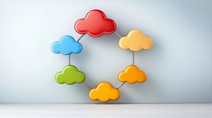 Poster - Abstract graphic design, colorful 3d rendered cloud shapes in a circle, connected with thin lines, against a light gray background, simple, clean, modern, minimalist style.