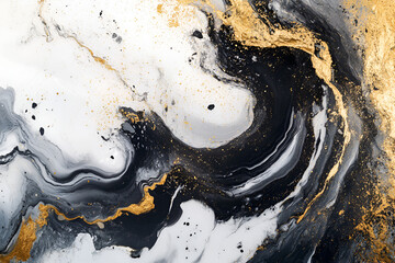 Poster - Abstract Black, White, and Gold Marble: A mesmerizing close-up of swirling black, white, and gold paint, capturing the fluidity and dynamic nature of abstract art.