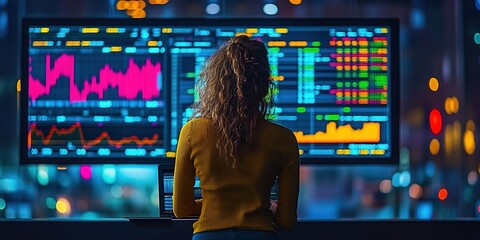 Poster - Professional woman analyzes financial data on multiple screens at night in a dynamic urban environment