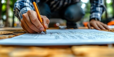 Poster - Crafting detailed architectural plans outdoors with precision and focus during daylight hours
