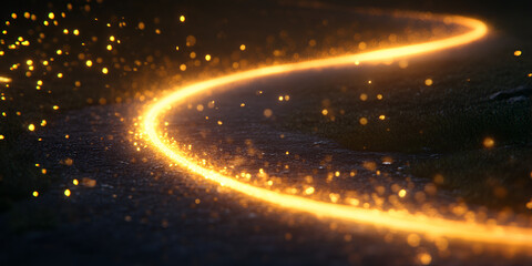 Poster - A Trail of Golden Light: An ethereal trail of glowing golden light twists and turns across a dark and mysterious backdrop, surrounded by shimmering particles of stardust.