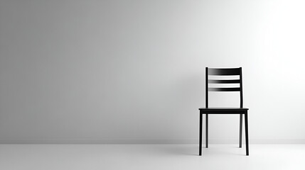 Canvas Print - Solitude in Simplicity: A lone black wooden chair stands against a minimalist grey backdrop, its clean lines and uncluttered presence evoke a sense of tranquility and introspection.