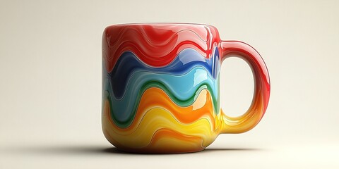 Poster - Colorful ceramic mug displayed on a neutral background showcasing vibrant patterns and waves