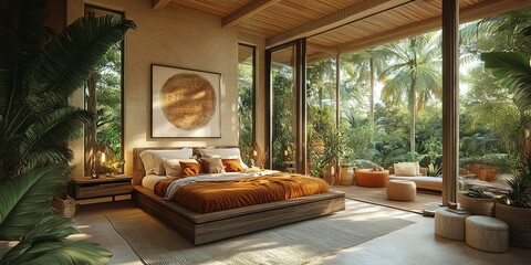 Poster - Modern tropical bedroom design featuring large windows and natural decor in a lush environment