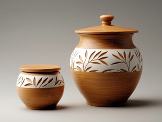 Two decorative ceramic jars, one larger and one smaller, featuring natural leaf patterns on a white background with wooden lids.