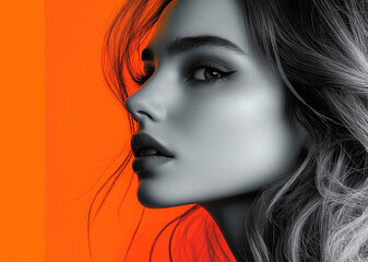 Poster - Stylish black and white profile portrait with vibrant orange background for promotional flyer design
