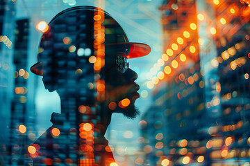Poster - a double exposure illustration of a specialist worker against a background of urban lights generativ