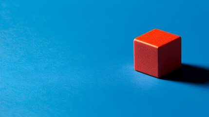Poster - red cube on blue: a single, vibrant red cube stands out against a stark blue background, casting a s