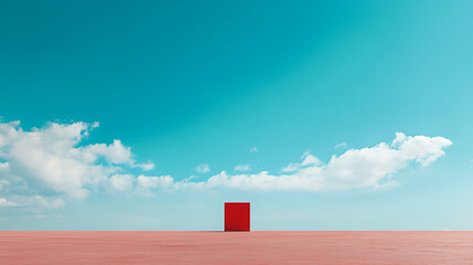 Poster - red minimalism in the sky: a single, vibrant red box stands tall against a backdrop of endless, azur