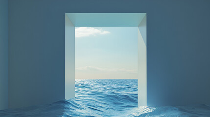 Poster - ocean view portal: a minimalist architectural rendering showcases a rectangular opening in a wall, r