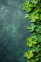 Wall Mural - Celebration of greenery with clover leaves on a textured dark green background