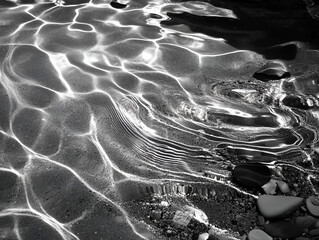 Poster - sunlit ripple: abstract grayscale photograph capturing the interplay of sunlight and water, creating