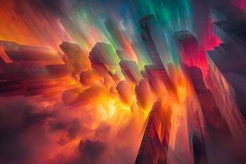 Poster - Abstract Cityscape: A surreal and vibrant abstract cityscape with towering structures made of colorful crystal-like formations. The city is bathed in a fiery, iridescent glow.