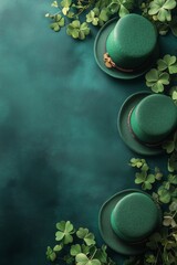 Green hats arranged with clovers for a festive celebration or decoration