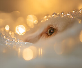 Wall Mural - a cat's eye in the festive lights: a captivating close-up of a cat's green eye peering out from amid