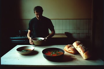 Wall Mural - Hearty Soup and Fresh Bread: A Culinary Delight