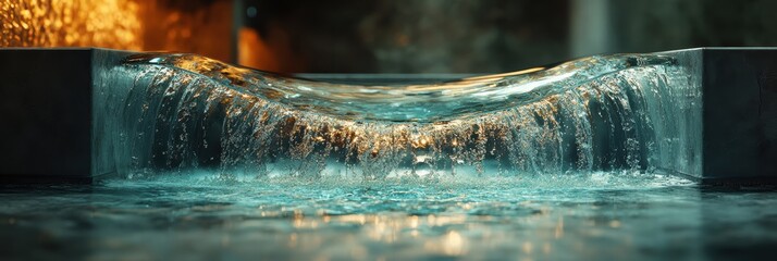 Poster - Water cascading through a transparent infinity shape with shimmering reflections