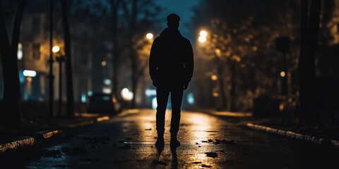 Wall Mural - A man is walking down a street at night. The street is empty and the man is the only person in the scene. The darkness and emptiness of the street create a sense of loneliness and isolation