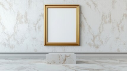 Poster - A blank gold-framed picture frame is displayed against a marble wall, resting on a marble pedestal, creating a minimalist and elegant aesthetic.