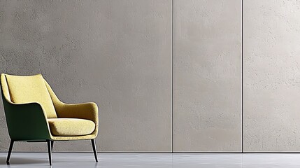 Wall Mural - Modern interior featuring a vibrant yellow and green chair against a minimalist gray wall