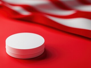 Poster - A minimalist composition featuring a white circular object on a vibrant red surface, accompanied by flowing red ribbons in the background.