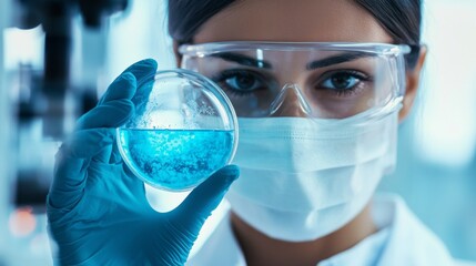 Poster - in a well-lit laboratory, a focused scientist in protective gear inspects a petri dish containing a 