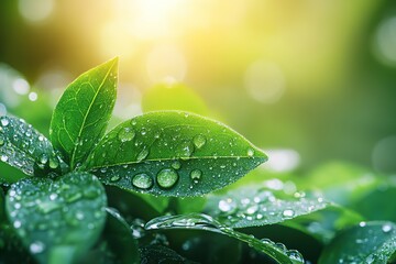 Wall Mural - Raindrops on green leaves in the morning