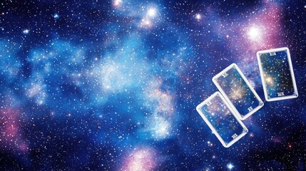 Poster - A cosmic scene featuring three phone silhouettes against a vibrant galaxy backdrop filled with stars and nebulae.