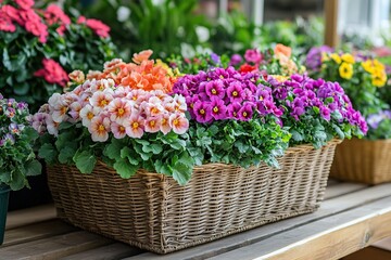 Wall Mural - Different spring flowers in wicker basket