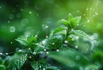 Poster - Fresh Green Leaves with Dew Drops and Abstract Connection Elements, Sustainable Business Strategy