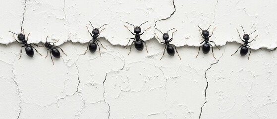 Wall Mural - A line of black ants traverses a cracked white wall, showcasing their small size and organized movement in search of food.