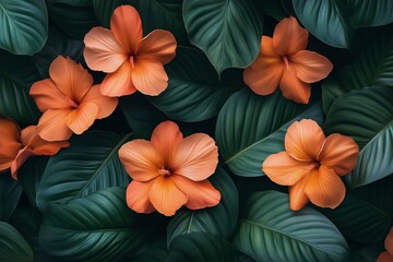 Wall Mural - Vibrant orange flowers among lush green leaves in a tropical garden setting