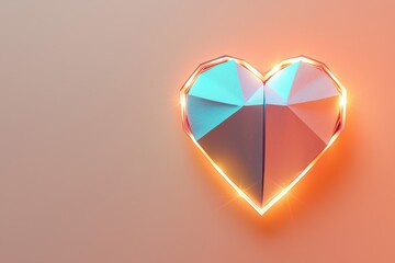 Poster - A geometric heart shape with a shimmering surface and glowing edges against a soft pastel background.