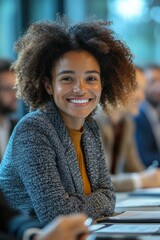 Poster - Confident professional woman smiling during a business meeting in an office