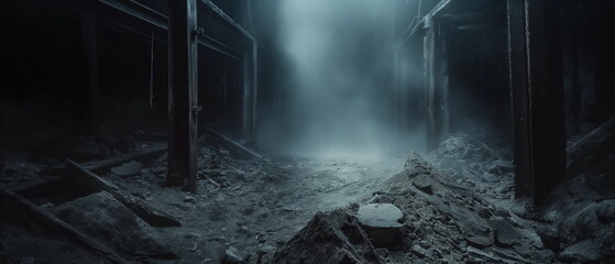 Wall Mural - An old abandoned coal mine with fallen wooden supp_011
